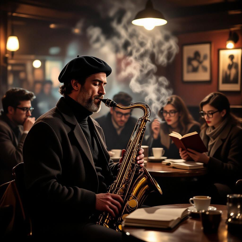 Bohemian Saxophonist in Sepia-Toned 1960s Cafe