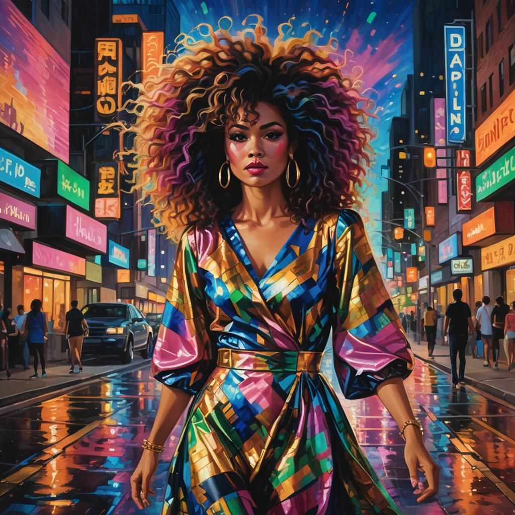 Dallas Nightlife: A 1970s Oil Painting in Art Deco Style