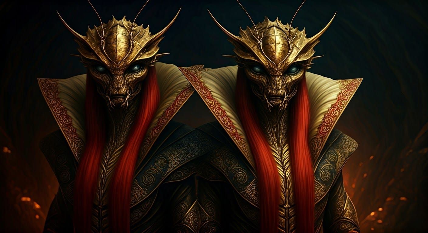 Majestic, Red-Haired, Gold-Trimmed Alien Beings in Intricate...