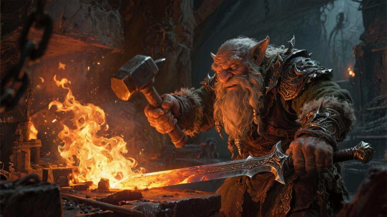 Dwarf Forging Sword in Fiery Forge, Dramatic Light