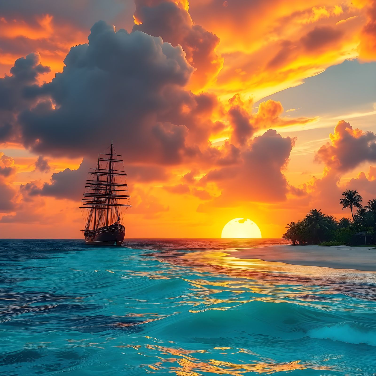 Tropical Sunset with Tall Ships: Hyperrealistic Splash Art
