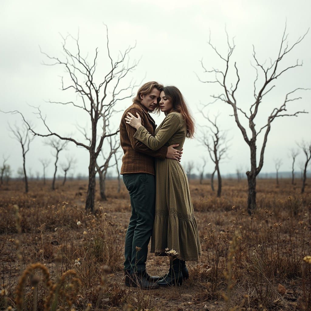 A Longing Couple Amidst Faded Beauty in a Desolate Landscape