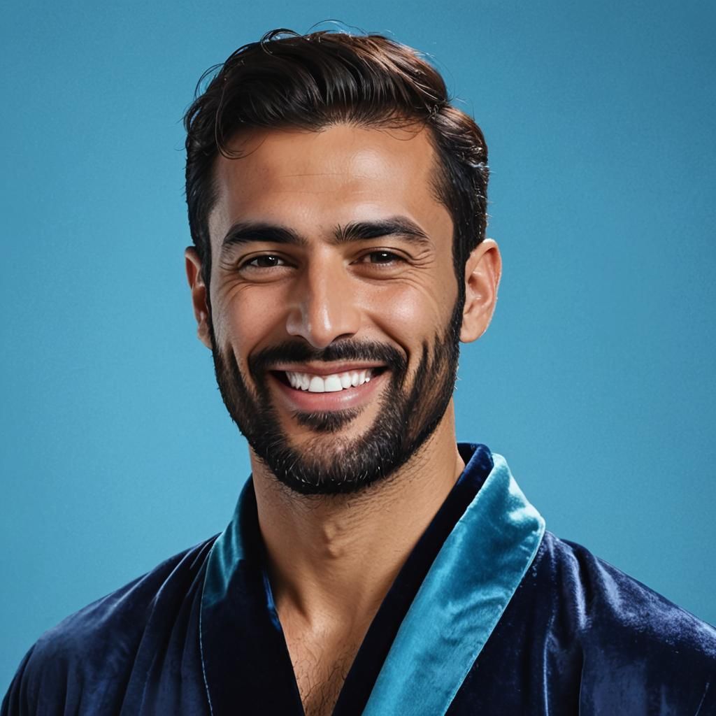 Portrait of Smiling Man in Blue Velvet Bathrobe