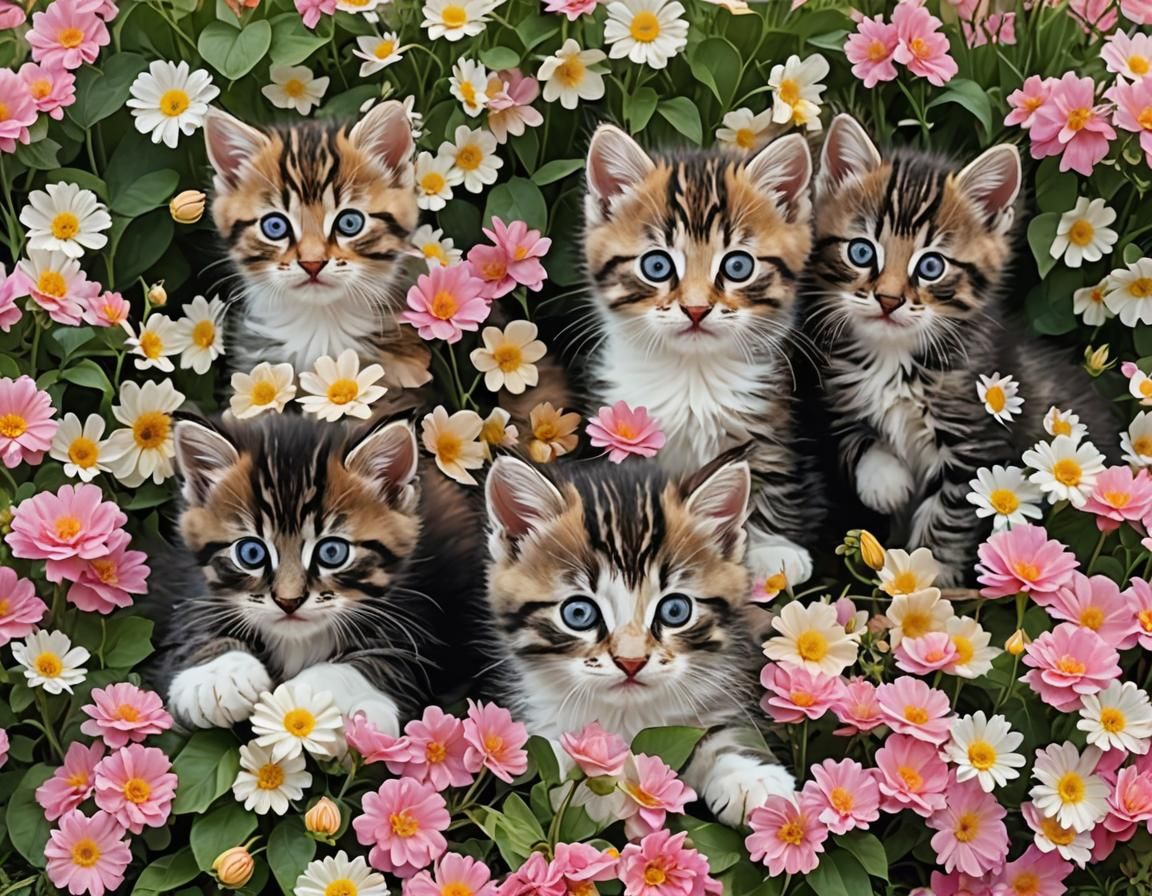 Kittens in a Spring Flower Garden