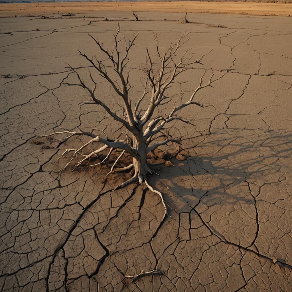 Barren Tree in Drought Landscape at Golden Hour