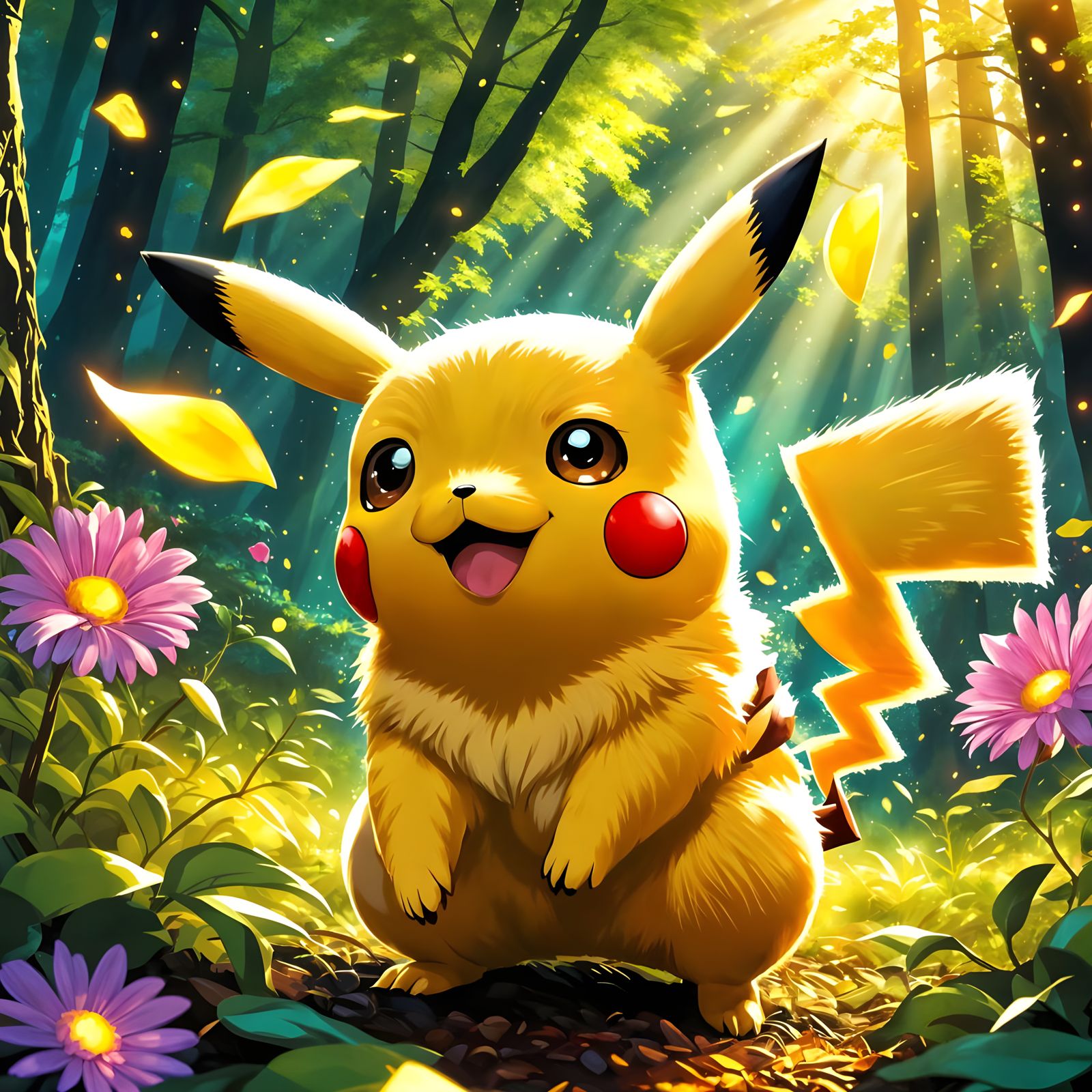 Charming Pikachu Portrait in Sunny Forest