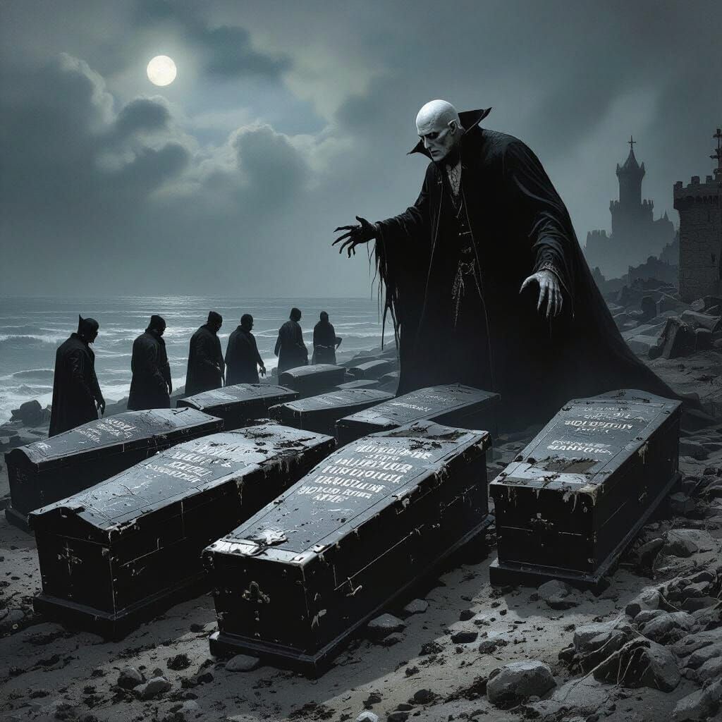 Gothic Scene with Coffins and Nosferatu-Inspired Vampire