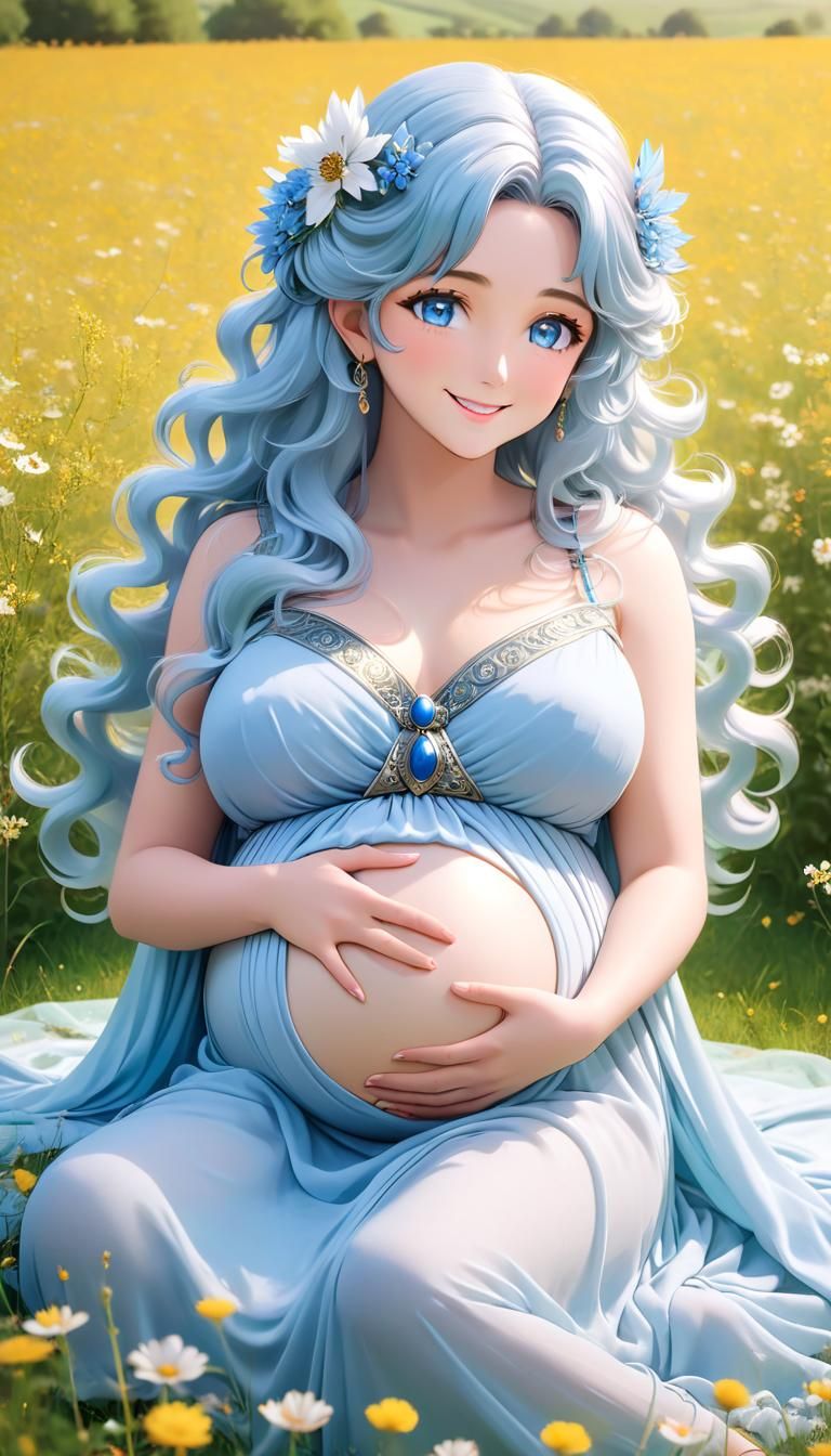 Beautiful and elegant woman, with long curly light blue hair...