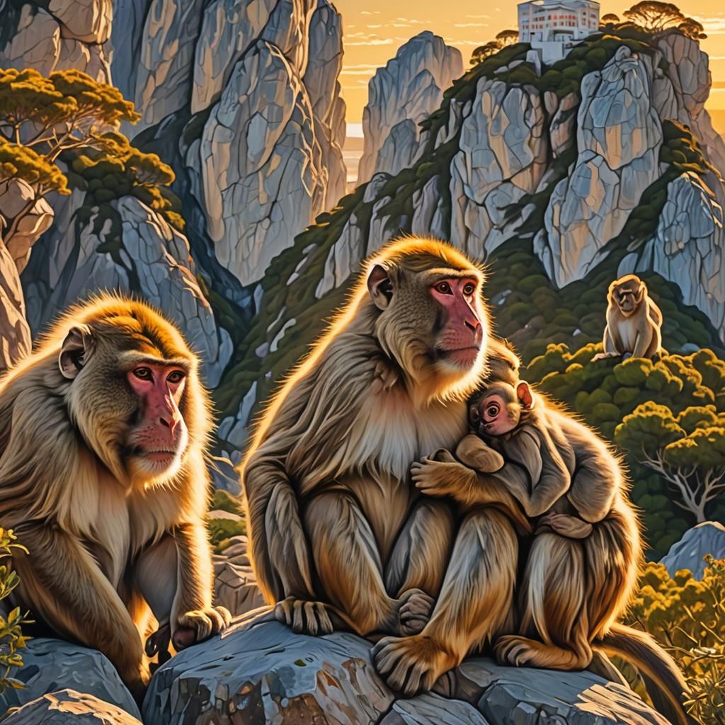 Gibraltar's Barbary Macaques in Holographic Astral Style