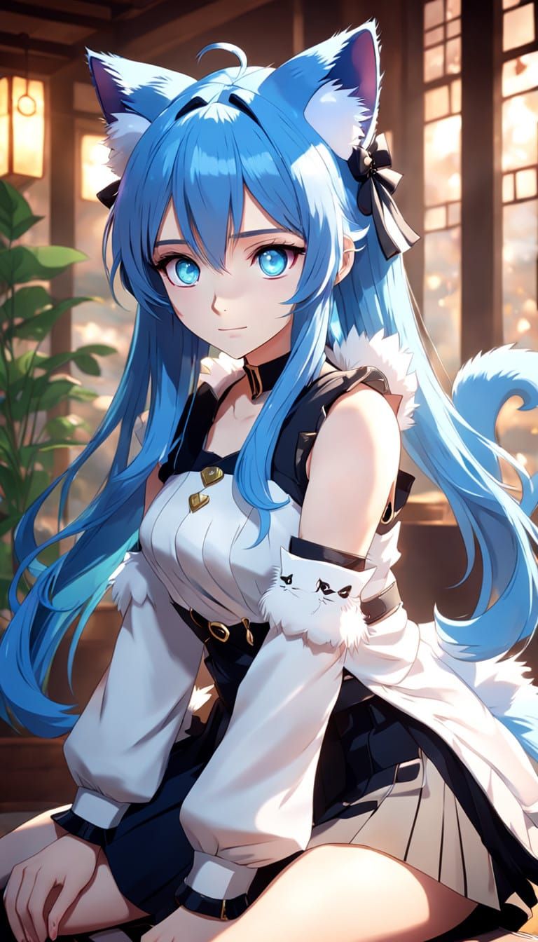 Elegant Anime Cat Girl with Piercing Blue Eyes