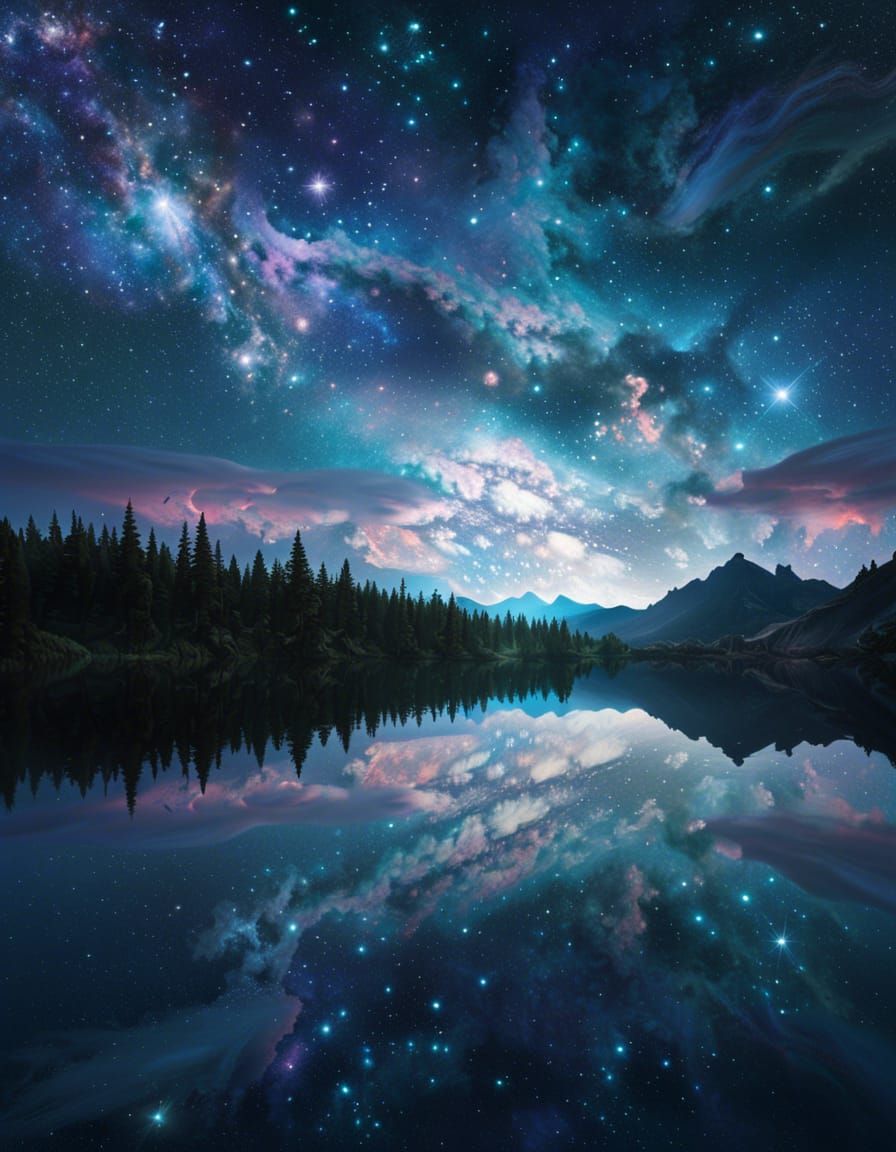 Galactic Sky Over Mountain Silhouette, Fantasy Concept Art