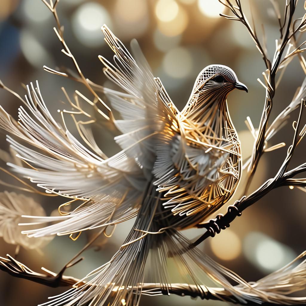 Dove Perched on Branch in String Art Style