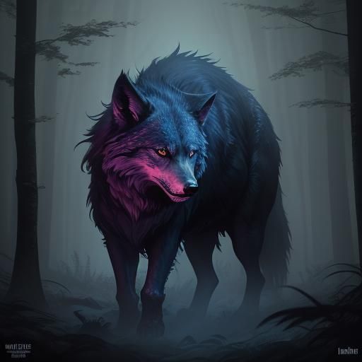 Fantasy Girl and Wolf in Moonlight