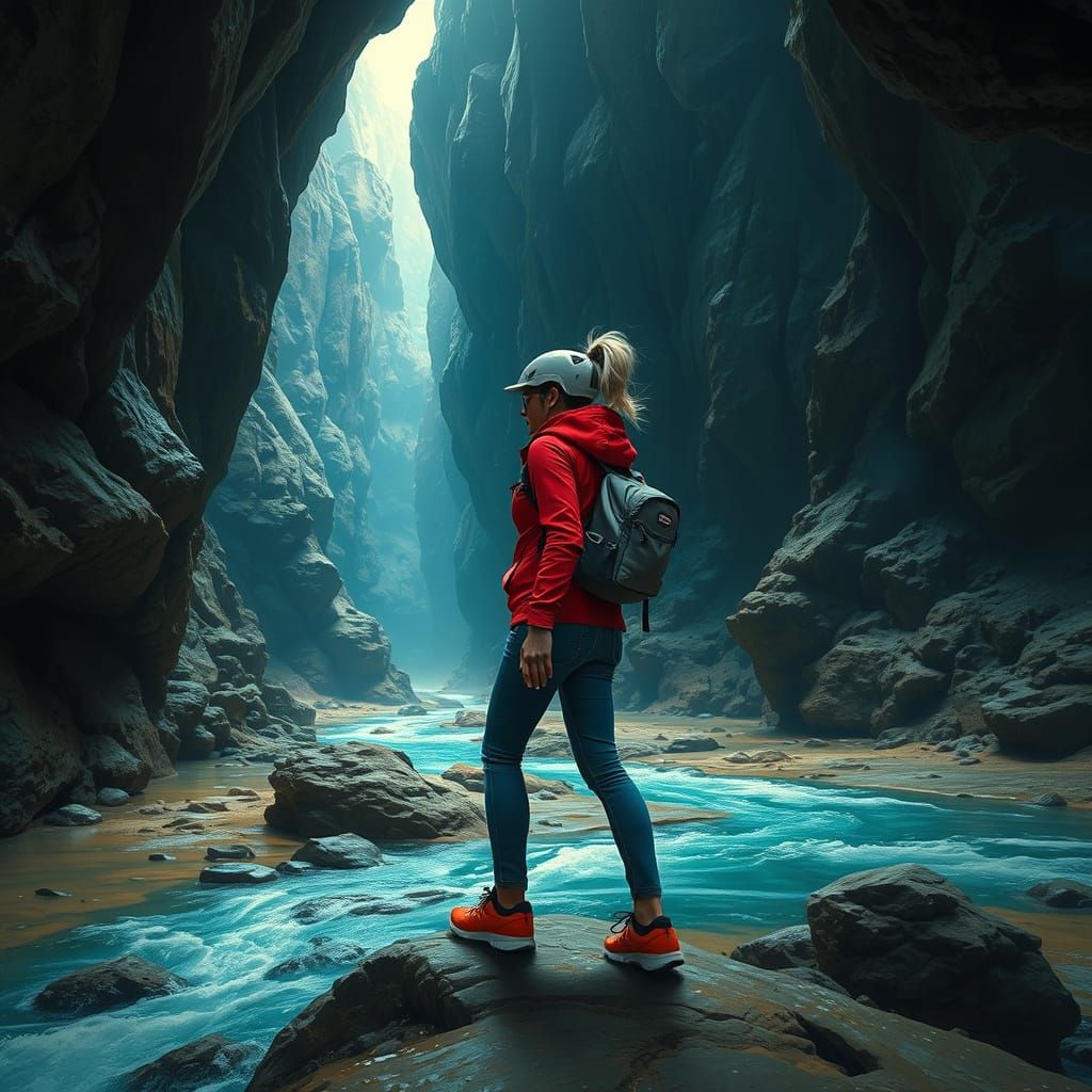 Woman Explores Cavern in Hyperrealistic Splash Art Style