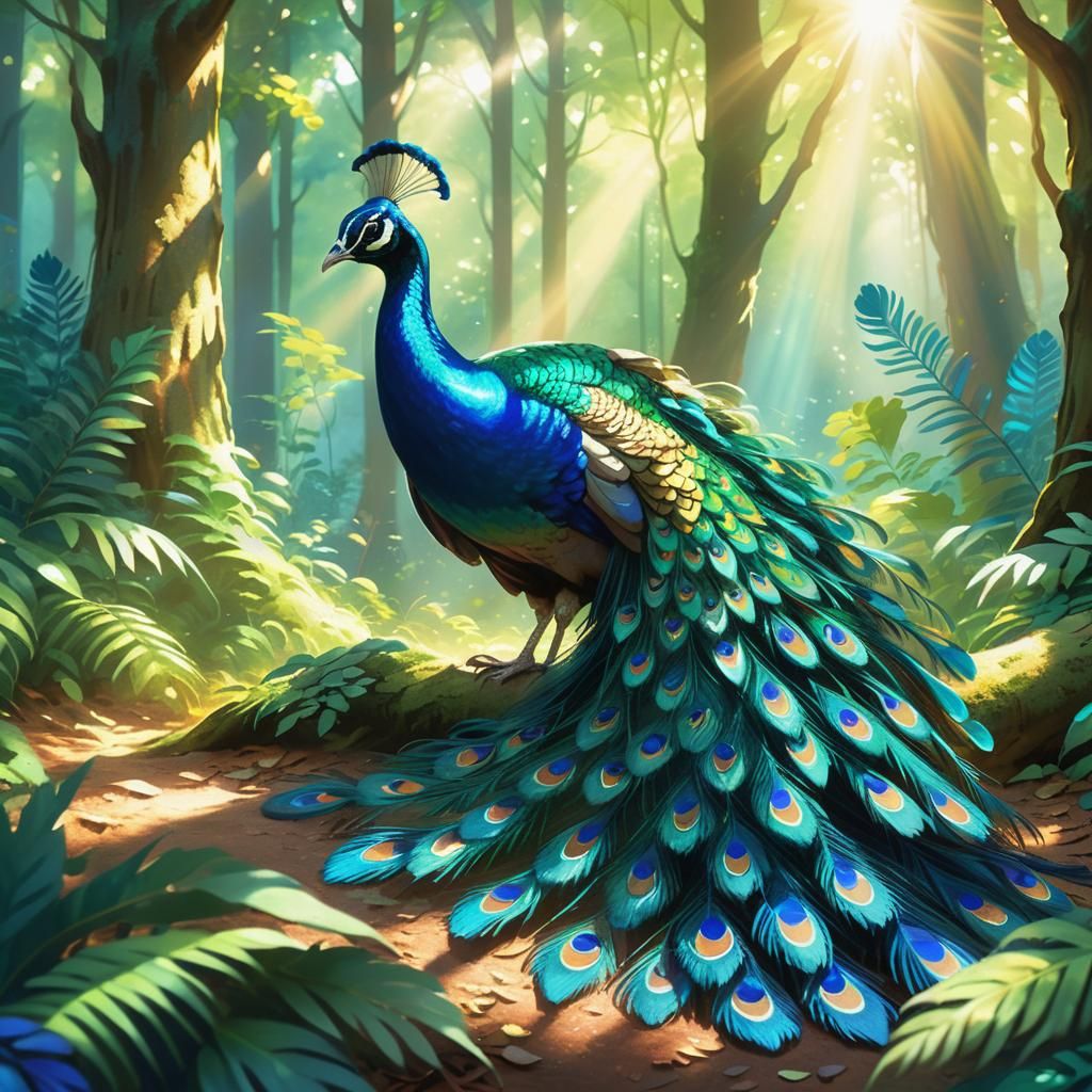 Blue Peacock Spreads Feathers in Lush Forest