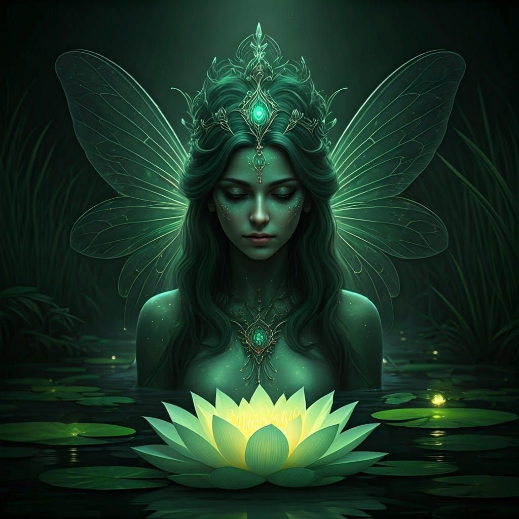 Bioluminescent Fairy in Lotus Pond Fantasy Art