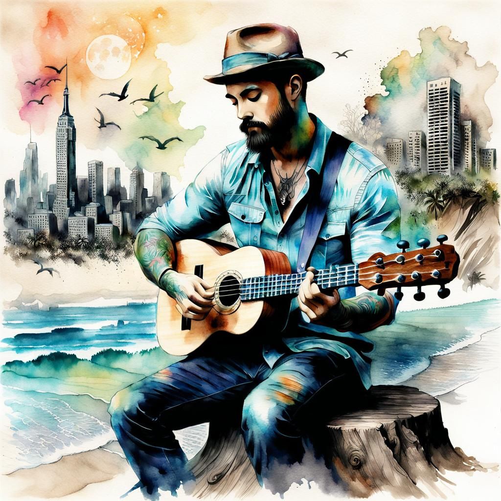 Double Exposure Ukulele Player in Watercolor City
