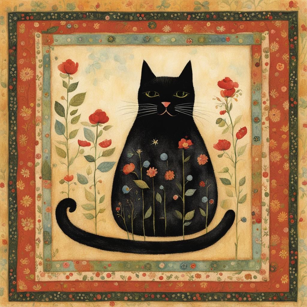 Folk Art Cat Illustration in Storybook Style