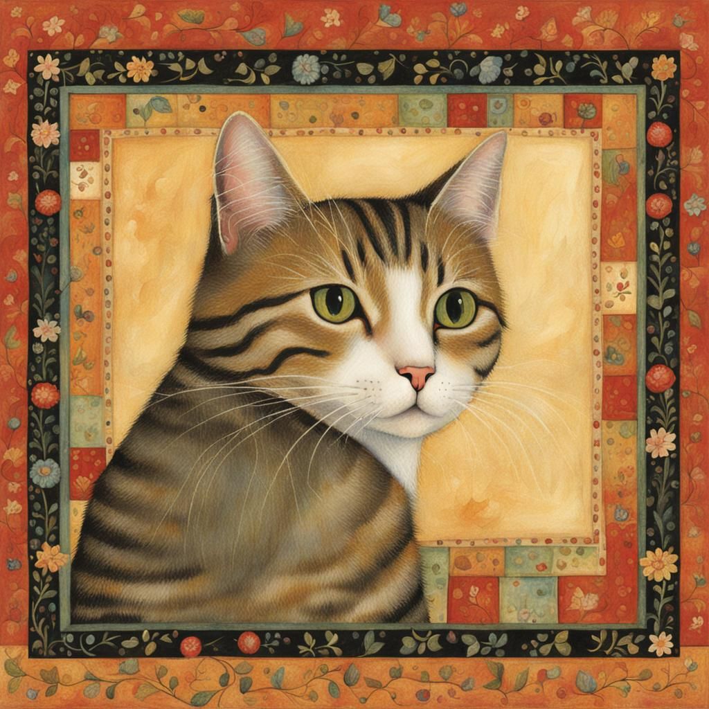 Whimsical Cat Illustration in Folk Art Style