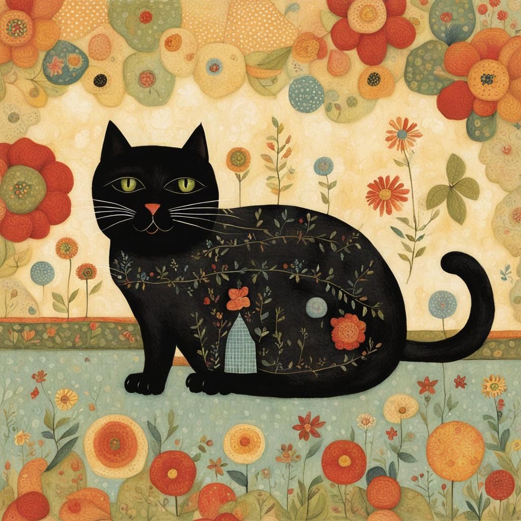 Whimsical Cat Illustration in Folk Art Style