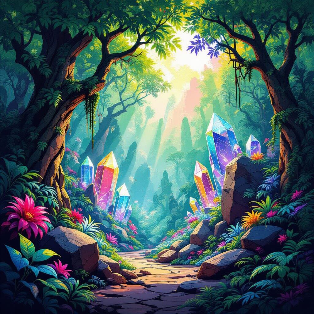 Otherworldly Jungle with Crystalline Trees and Glowing Flora