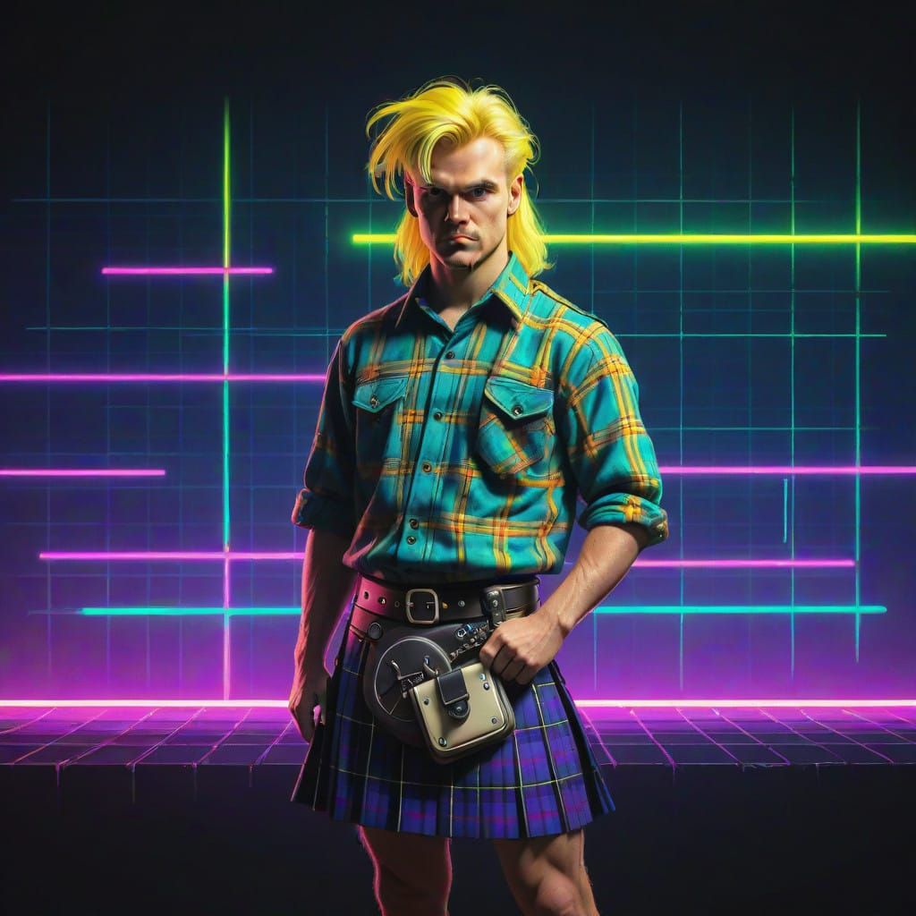 Glowing Scotsman in Neon Plaid Kilt