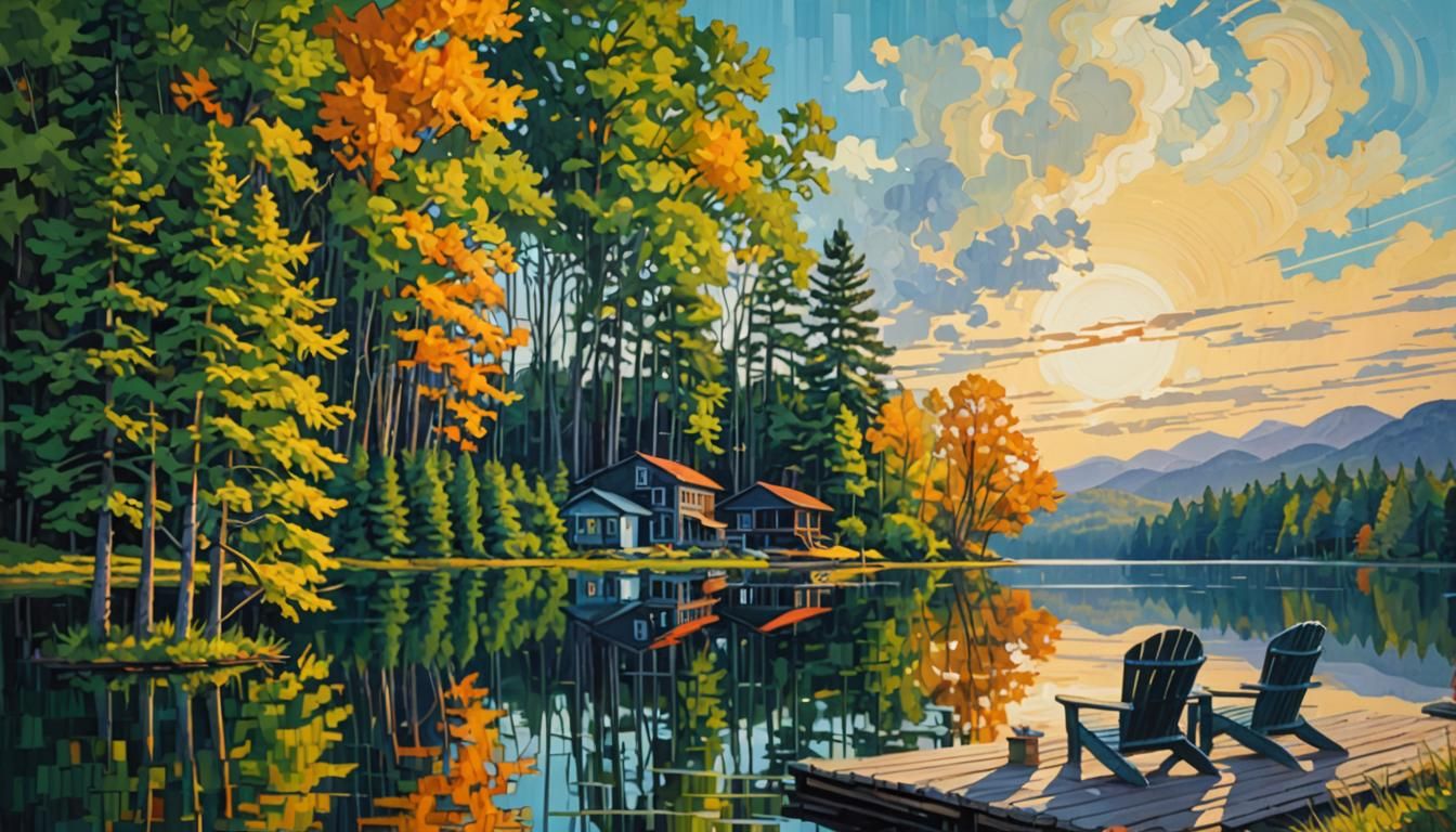 Lake Cottage Retreat: Gouache Futurism in Pixel Art