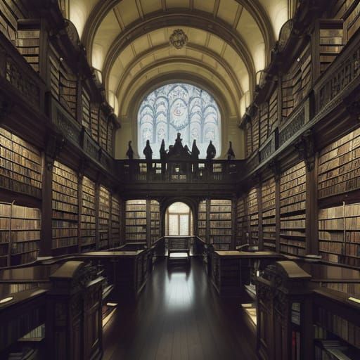 Surreal Library in Futuristic Style with Mystical Accents