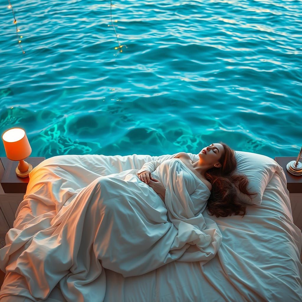 Dreamy Woman Dissolves into Turquoise Ocean in Ethereal Surr...