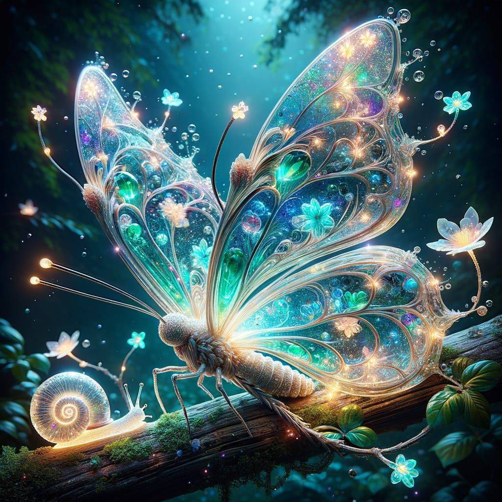 Bioluminescent Butterfly Wings in Jade Crystal Glass