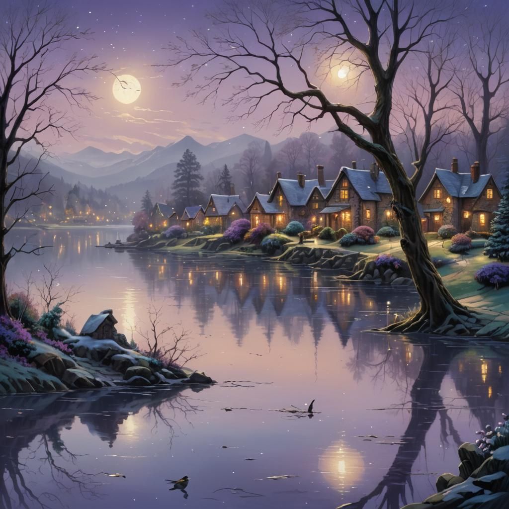 Serene Lakeside Village as Matte Painting