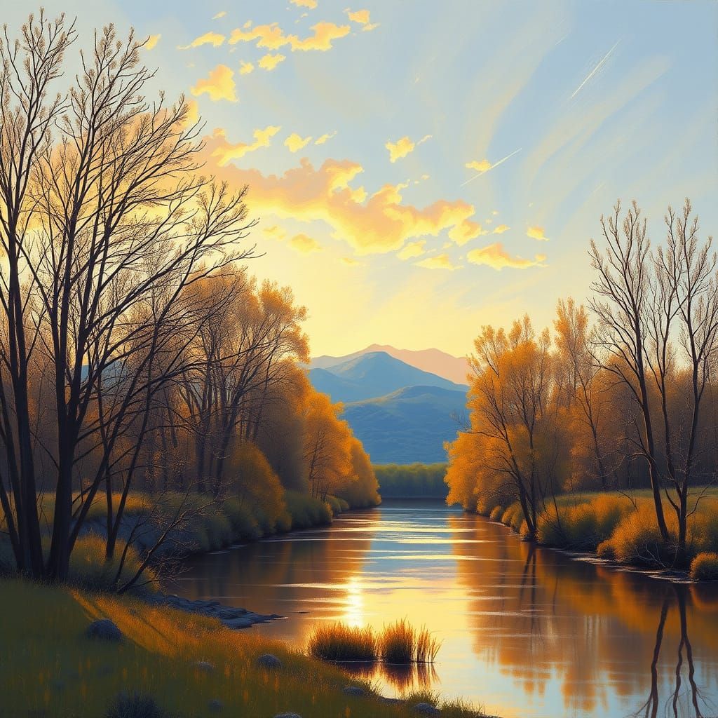 Serene Rio Grande Cottonwood Landscape in Vibrant Sunset Col...