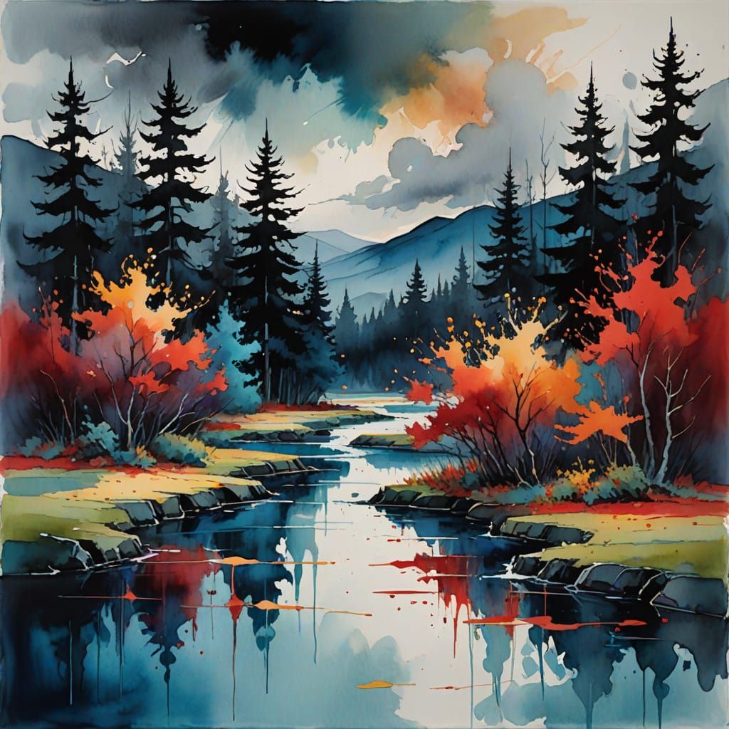Vibrant Modern Landscape in Watercolor Style