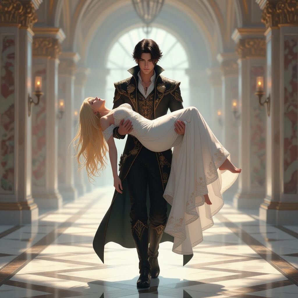 Man Carrying Woman in Italian Hallway, Anime Style