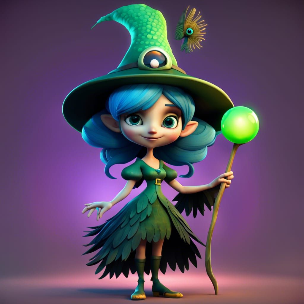Chibi Peacock Witch in 3D Digital Art Style