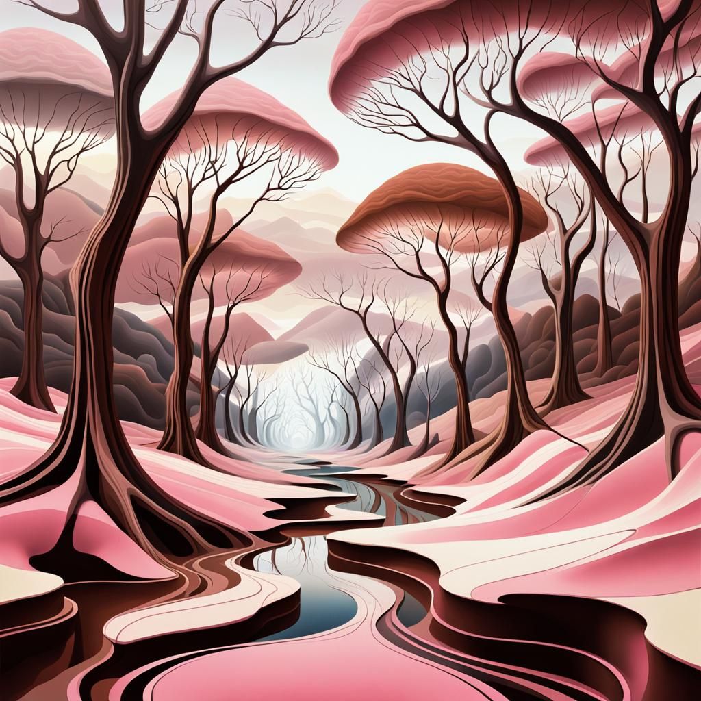 Dreamlike Abstract Landscape with Twisted Trees and Fractal...