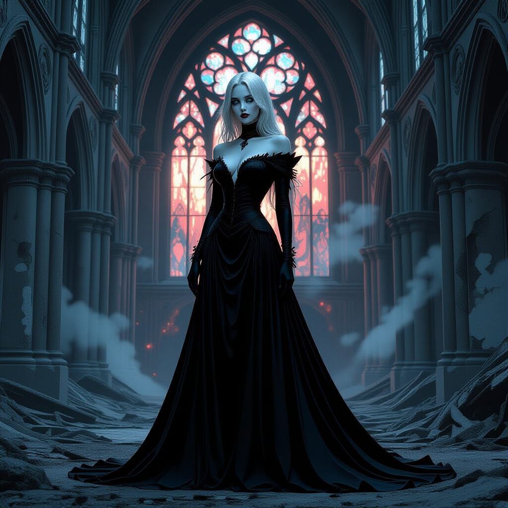 Gothic Supervillain in Decaying Cathedral, Dark Fantasy Art