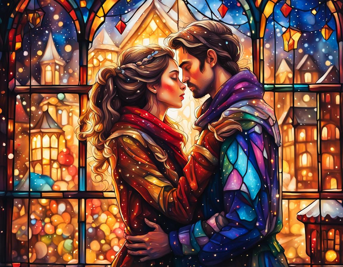 Stained Glass Prince and Princess Christmas Embrace