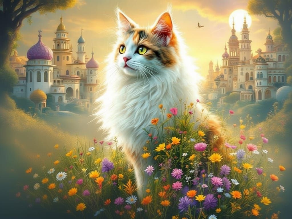 White Calico Cat Portrait with Meadow and Klimt-Inspired Cit...