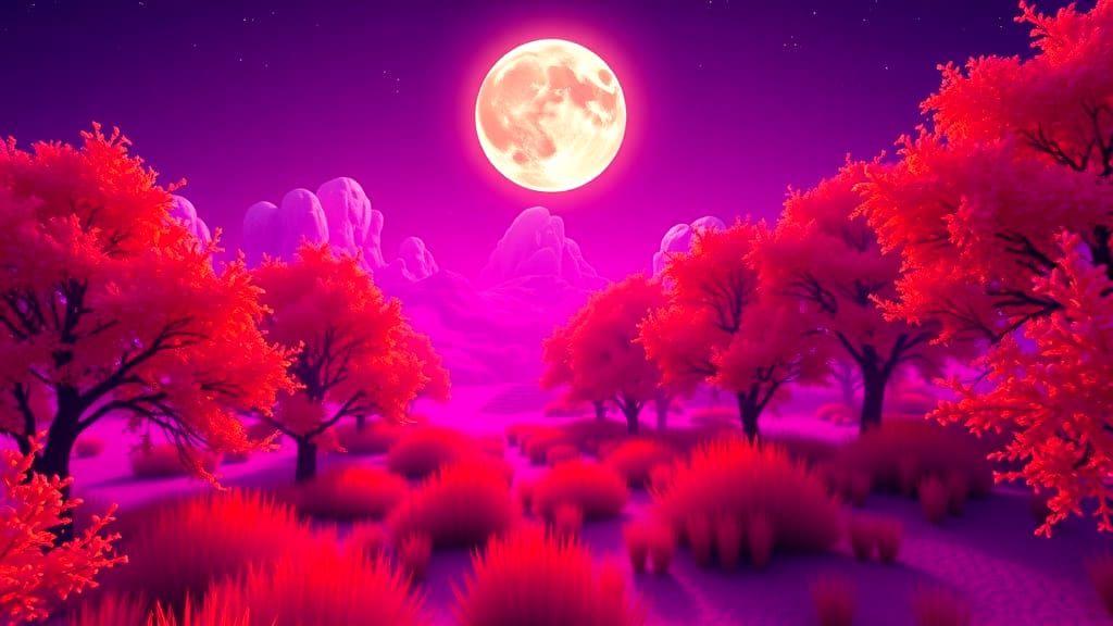 Vibrant Surreal Landscape with Purple Skies and Orange Trees