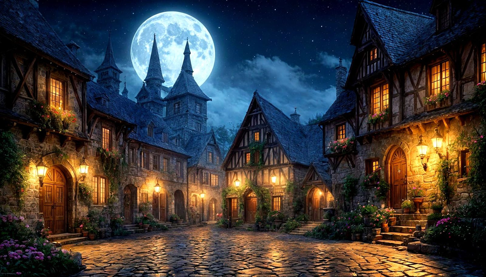 Medieval Village Square Under Full Moon