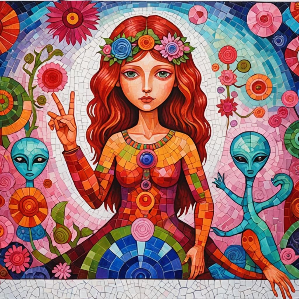 Cosmic Surrealist Mosaic with Lizards and Aliens