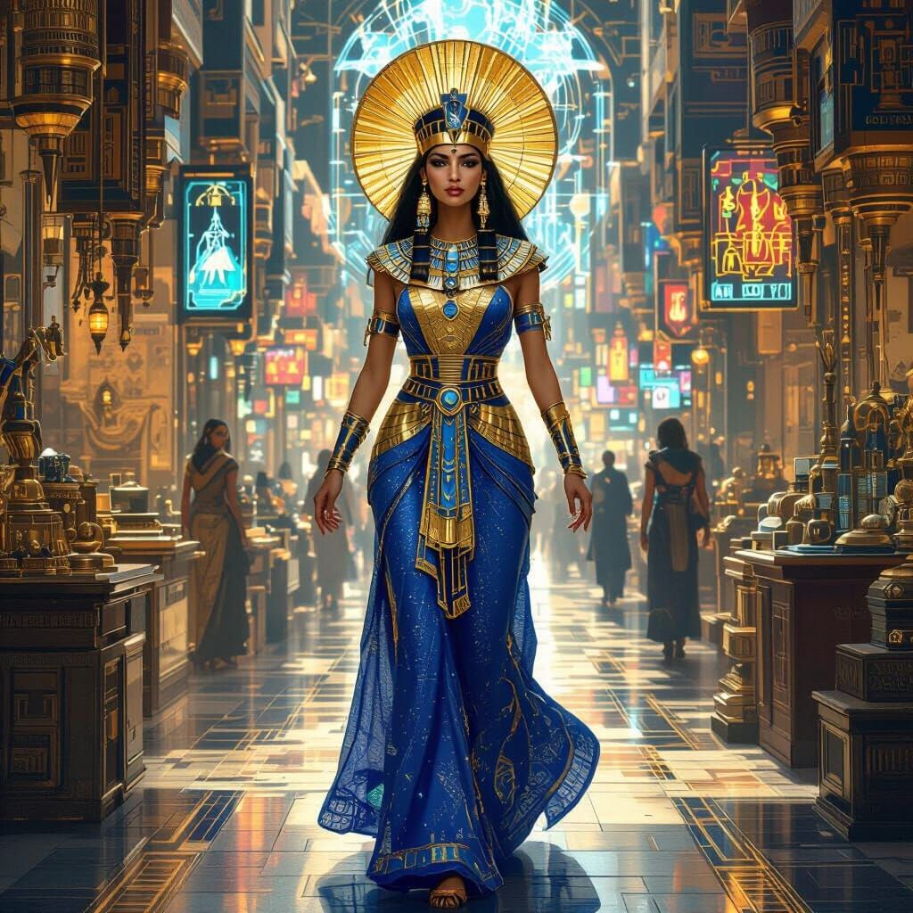 Egyptian Queen in Cyberpunk Marketplace, Art Deco Style