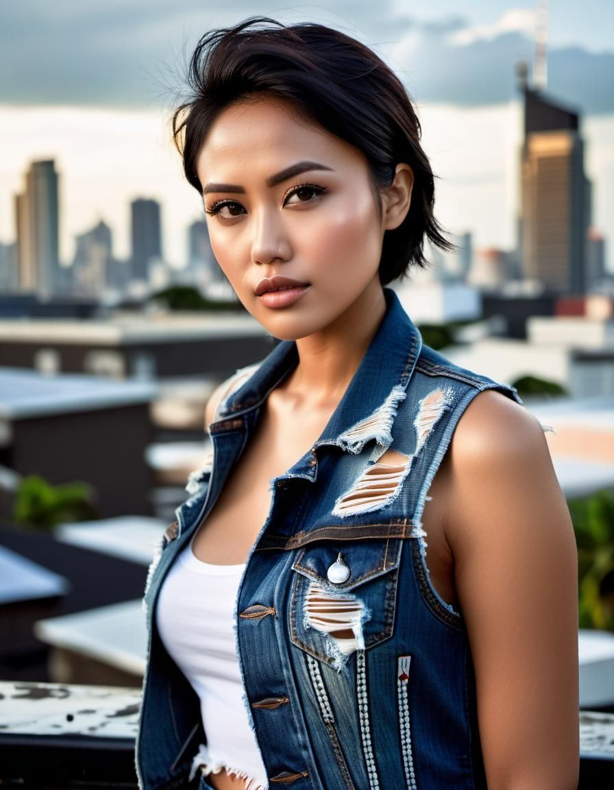 Indonesian Woman in Denim: Hyper-Realistic Rooftop Photo