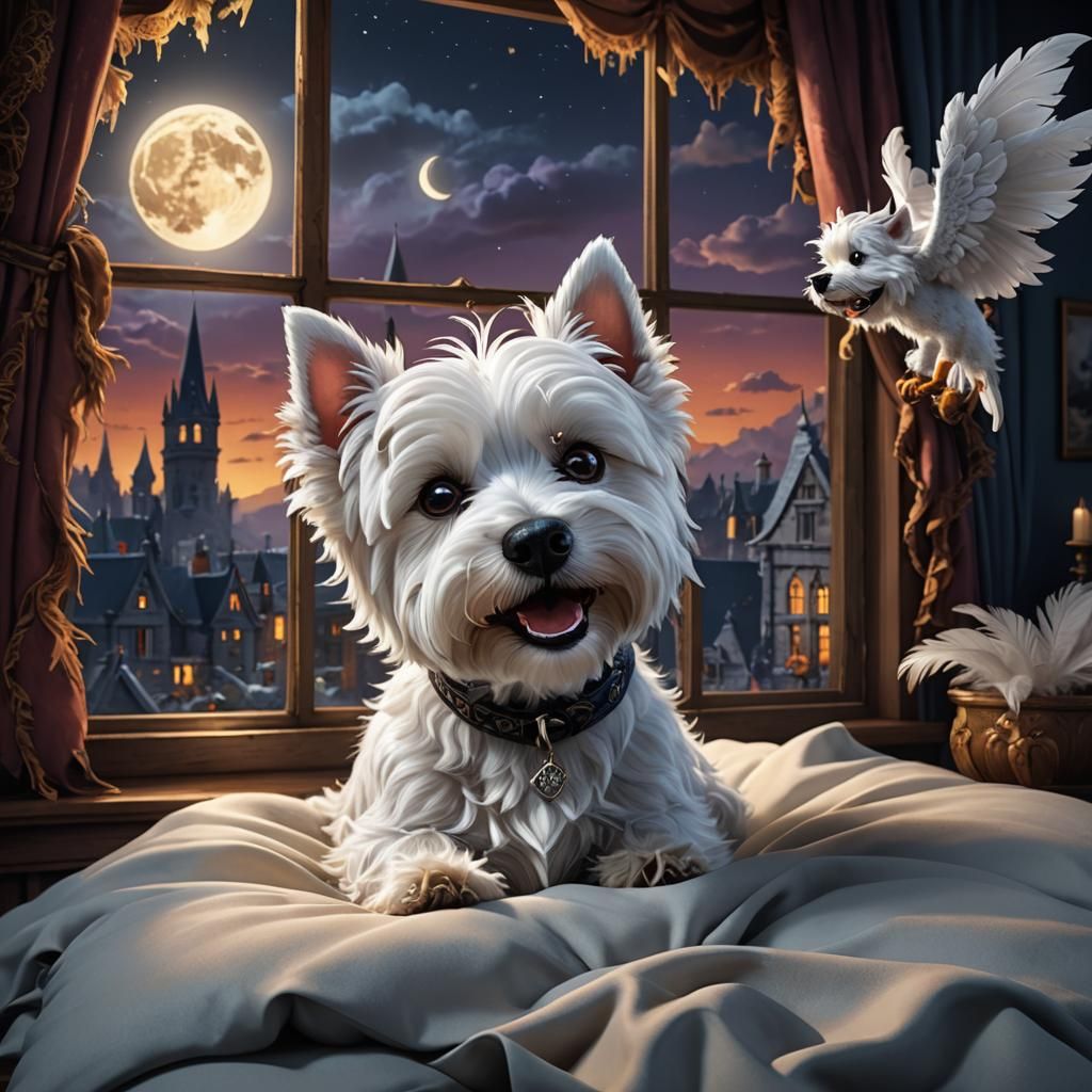 Playful Westie in Spooky Cartoon Scene