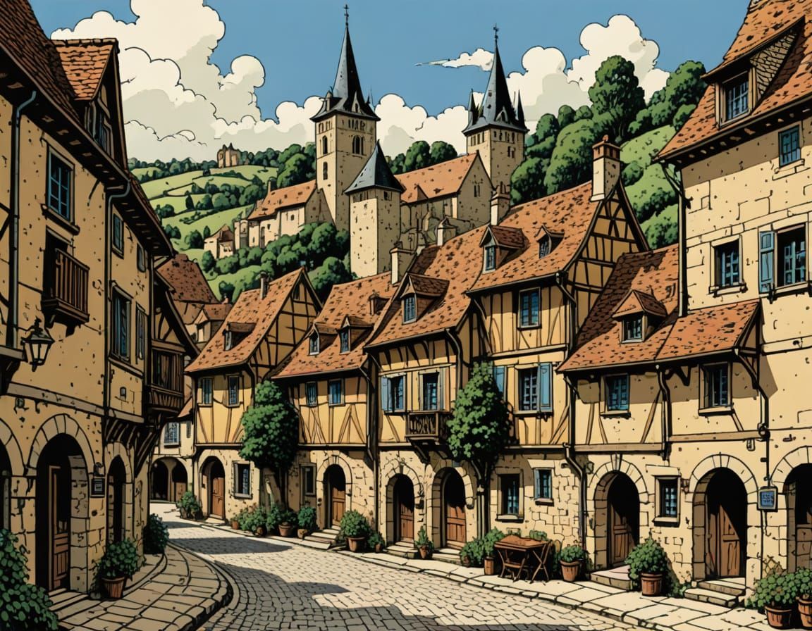 Belvès, France: Pen and Ink Illustration in Comic Style