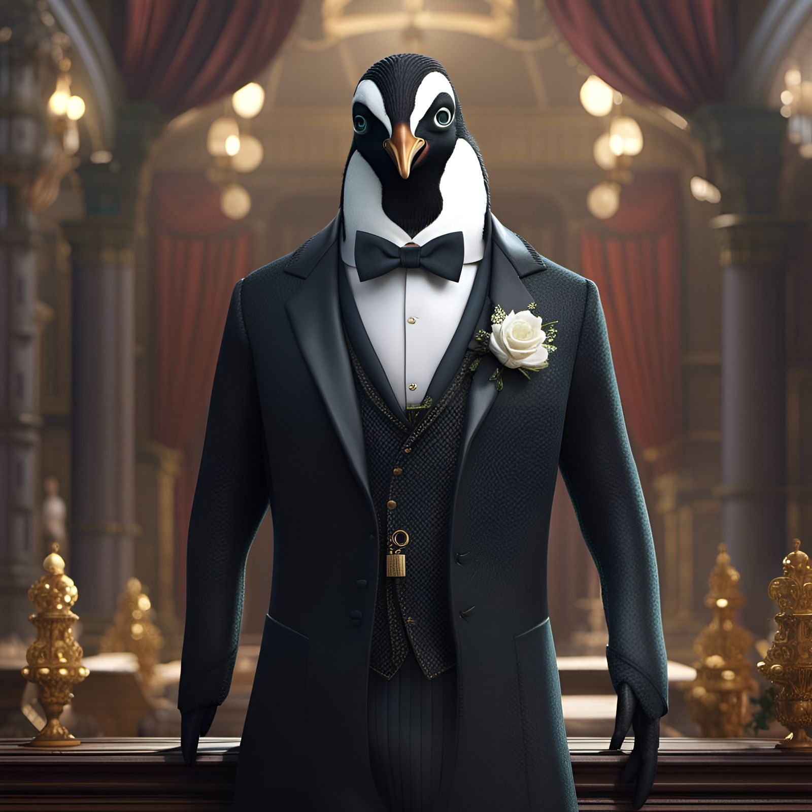 Penguin in Tuxedo: Detailed 8K Resolution Digital Art