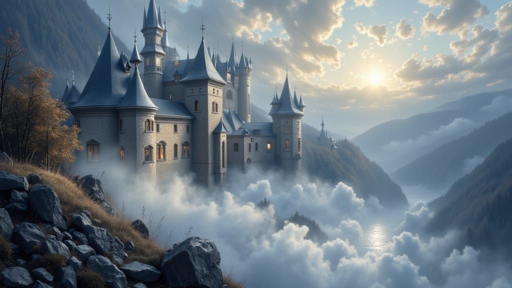 Misty Camelot Castle in Moonlight