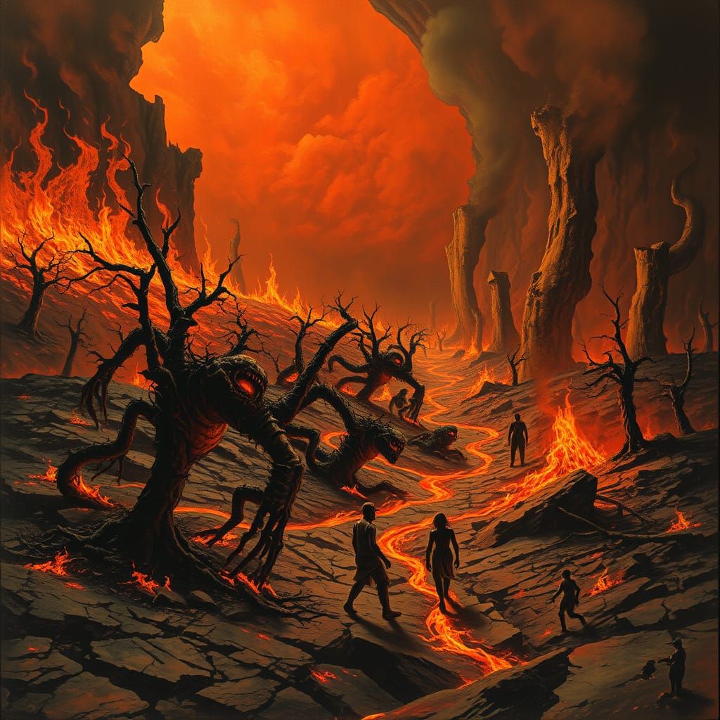 Hellish Wasteland in Dark, Surreal Art Style