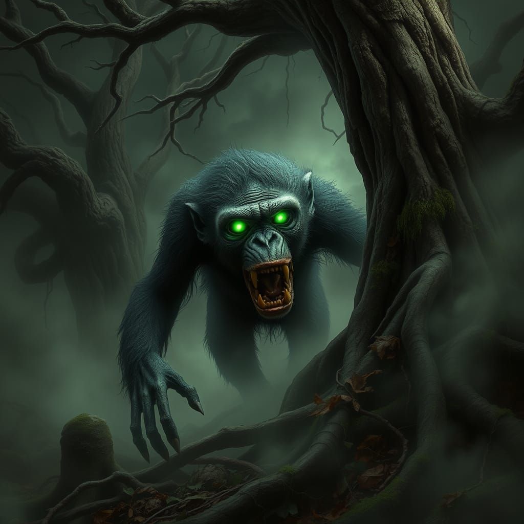 Misty Swamp Zombie Monkey Emerges in Dark, Gothic Fantasy Ar...
